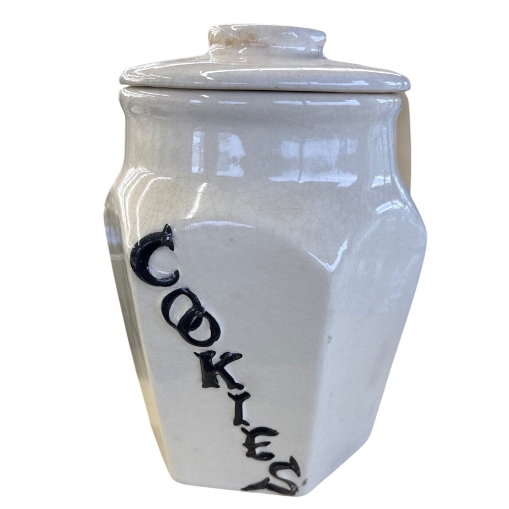 Vintage Ceramic Cookie Jar Kitchen Canister with Lid Beige Crackle Glaze - Picture 6 of 6